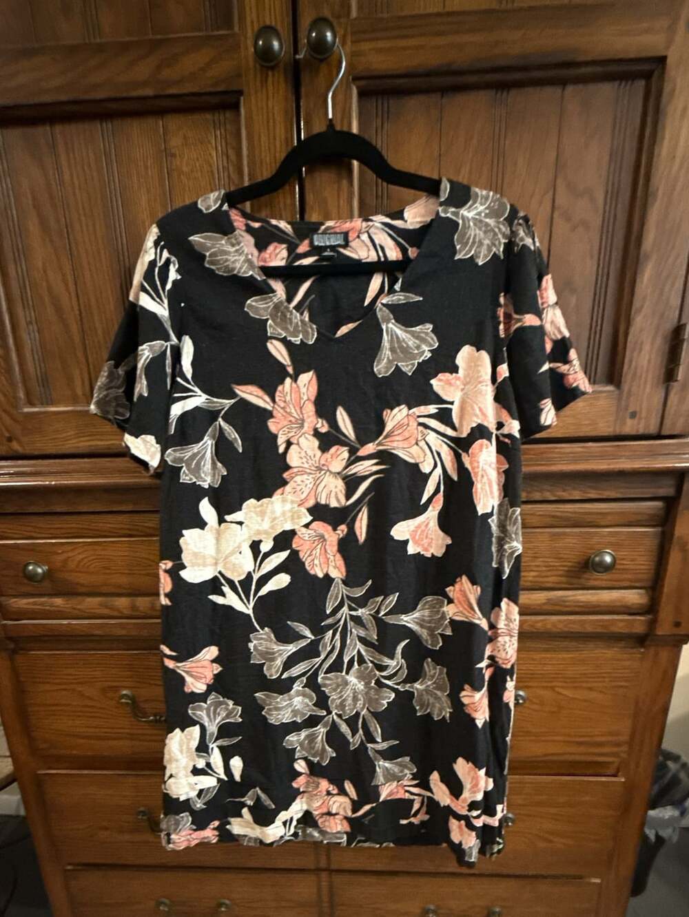 Nicole Miller Original Floral Linen Dress Size L Black V-Neck